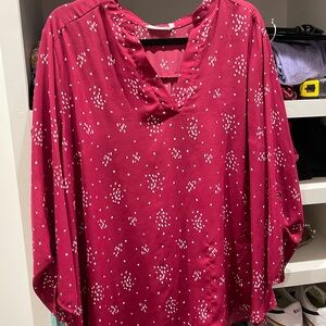 Lush Burgundy V-Neck Long Sleeve Blouse with White Dot Print